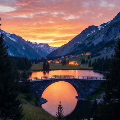 Stone Bridge over Lake at Sunset Mountains