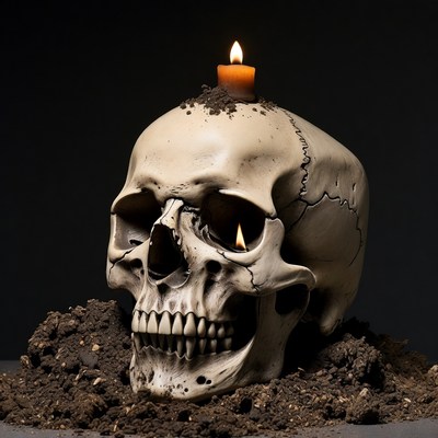 Skull with Candle on Dirt