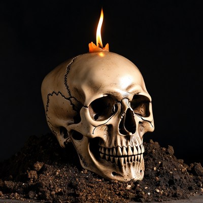 Skull with Burning Candle on Dirt