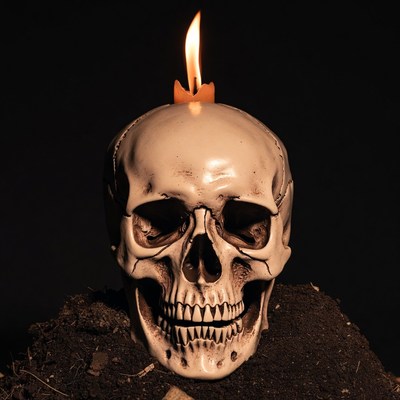 Skull with Candle on Dirt