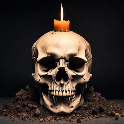Skull with lit candle on dirt
