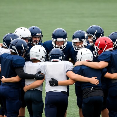 Football team huddle on field
