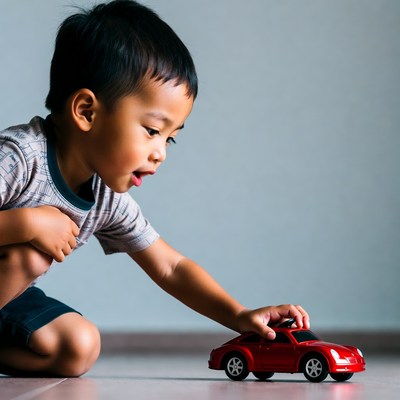 Asian boy playing with red toy car