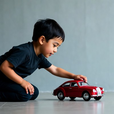 Asian boy playing with red toy car