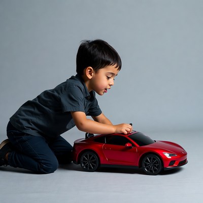 Asian boy playing with red toy car