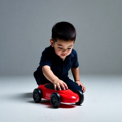 Asian toddler playing with red toy car