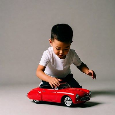 Asian boy playing with red toy car