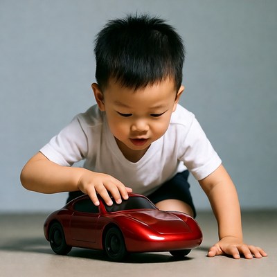Asian boy playing with red toy car