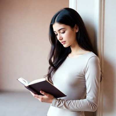 Young woman reading book against wall