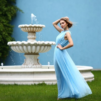 Woman in Blue Gown by Fountain