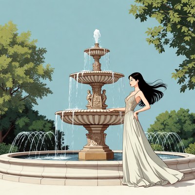 Woman in white dress by fountain