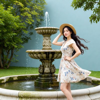 Asian woman in floral dress by fountain