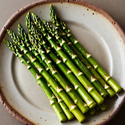 Fresh asparagus spears on plate