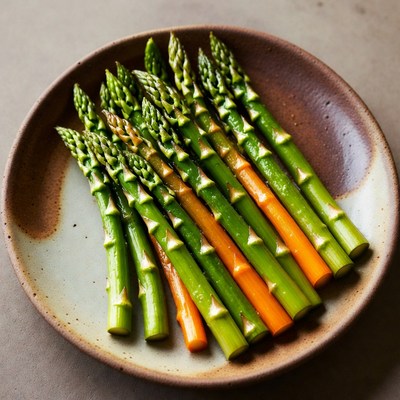 Fresh asparagus spears on plate