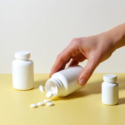 Hand pouring pills from white bottle