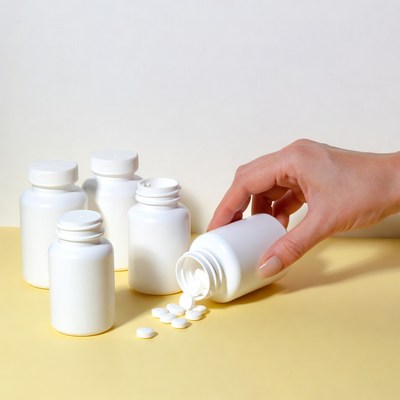 Hand pouring white pills from bottle