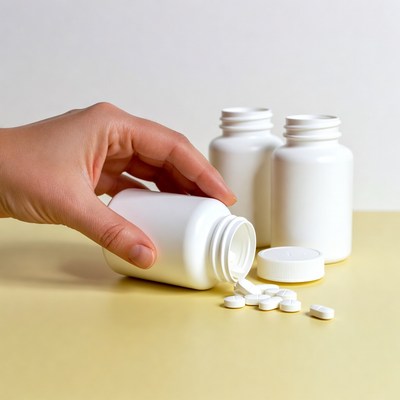 Hand pouring pills from white bottle
