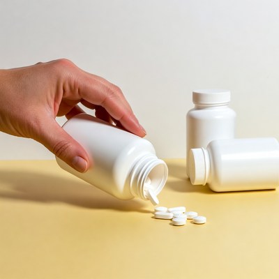 Hand pouring pills from white bottle