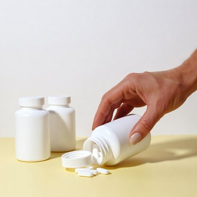 Hand picking up spilled pills from bottle