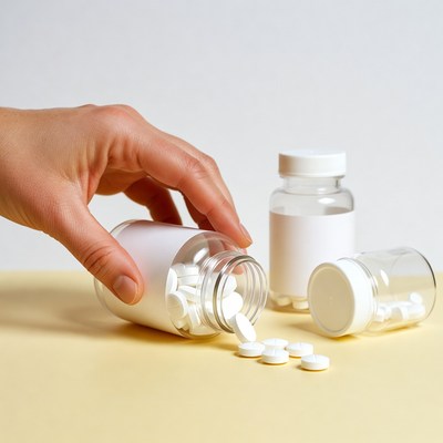 Hand spilling white pills from bottle