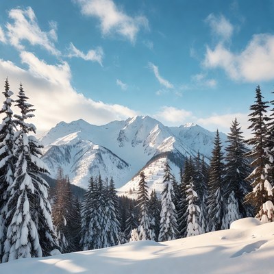 Snowy Mountains with Pine Trees