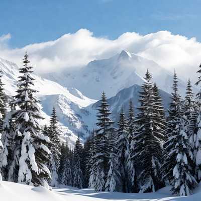 Snowy Pine Trees and Mountain Peak