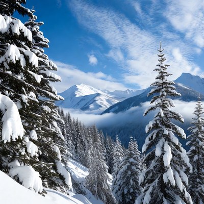 Snowy Pine Trees in Mountains