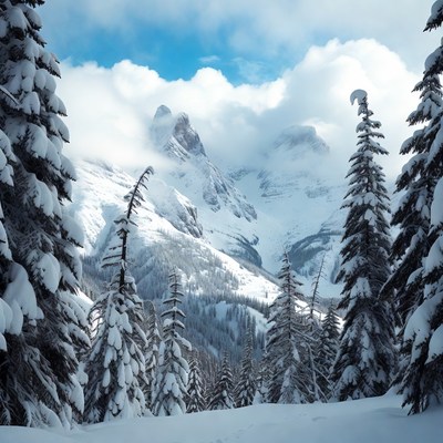 Snowy Mountains Framed by Pine Trees