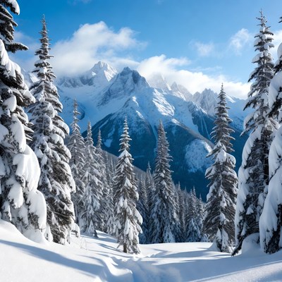 Snowy Pine Trees and Mountains