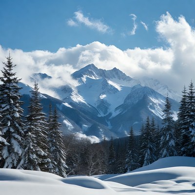 Snowy Mountains with Pine Trees
