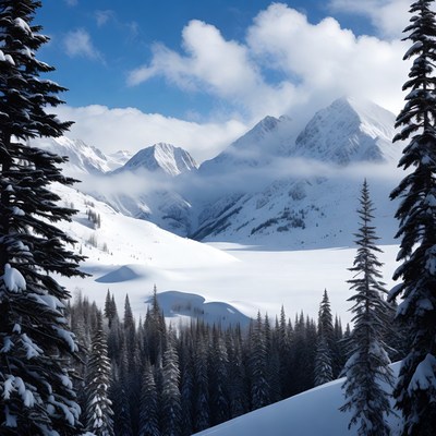 Snowy Mountains Framed by Pine Trees