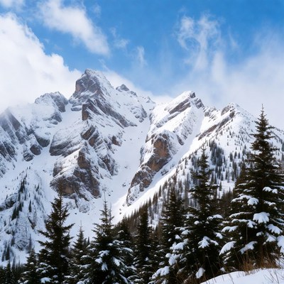 Snowy Mountains with Pine Trees