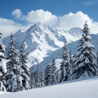 Snowy Mountains with Pine Trees
