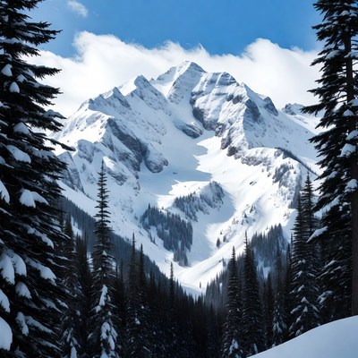 Snowy Mountain Framed by Pine Trees