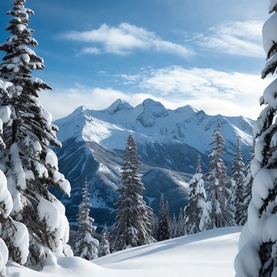 Snowy Mountains with Pine Trees