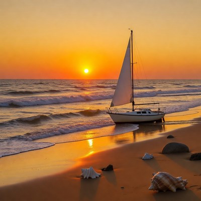 Sailboat on beach at sunset