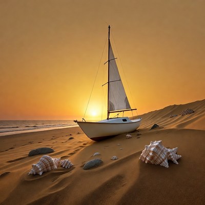 White sailboat on beach at sunset