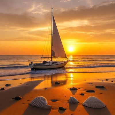 Sailboat on beach at sunset