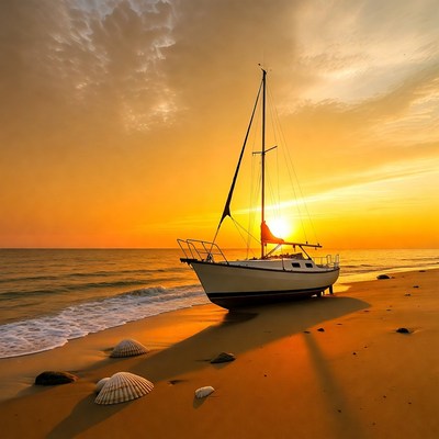 Sailboat on beach at sunset