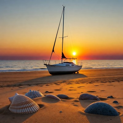 Sailboat on beach at sunset