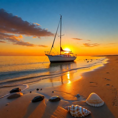 White Sailboat on Beach at Sunset