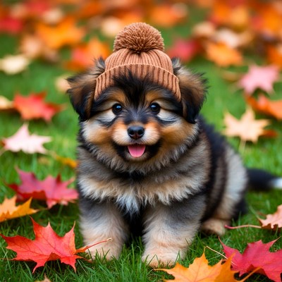 Puppy Wearing Beanie in Autumn Leaves