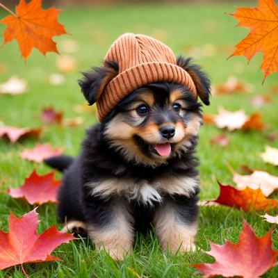Puppy Wearing Beanie in Autumn Leaves