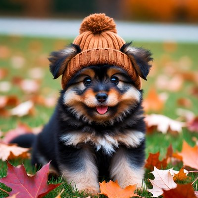 Puppy Wearing Beanie in Autumn Leaves