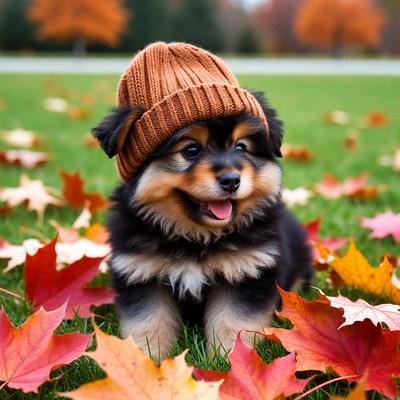 Puppy Wearing Knit Beanie in Autumn Leaves