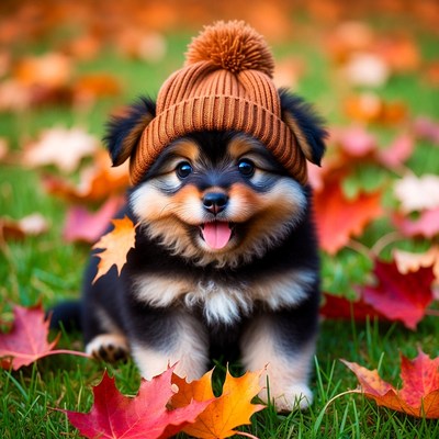 Puppy Wearing Orange Beanie in Autumn Leaves