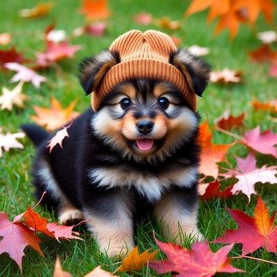 Puppy Wearing Beanie in Autumn Leaves