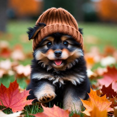Puppy in brown beanie with autumn leaves