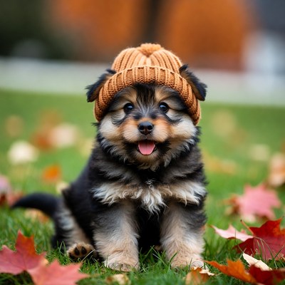 Puppy Wearing Knit Hat in Autumn Leaves