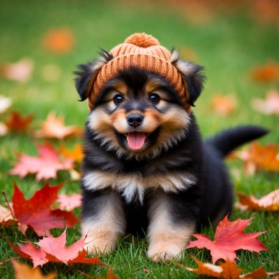 Puppy Wearing Knit Hat in Autumn Leaves